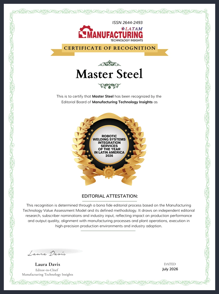 Certificado de reconocimiento Manufacturing Technology Insights LATAM a Master Steel: Robotic Welding Systems Integration Services of the Year in Latin America 2026
